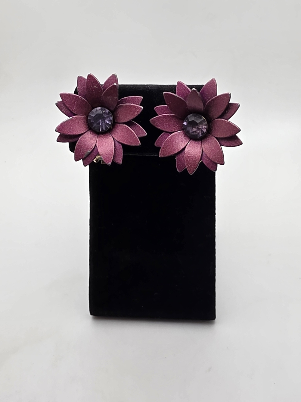 Magenta Floral Clip-On Earrings with Faceted Center Stone